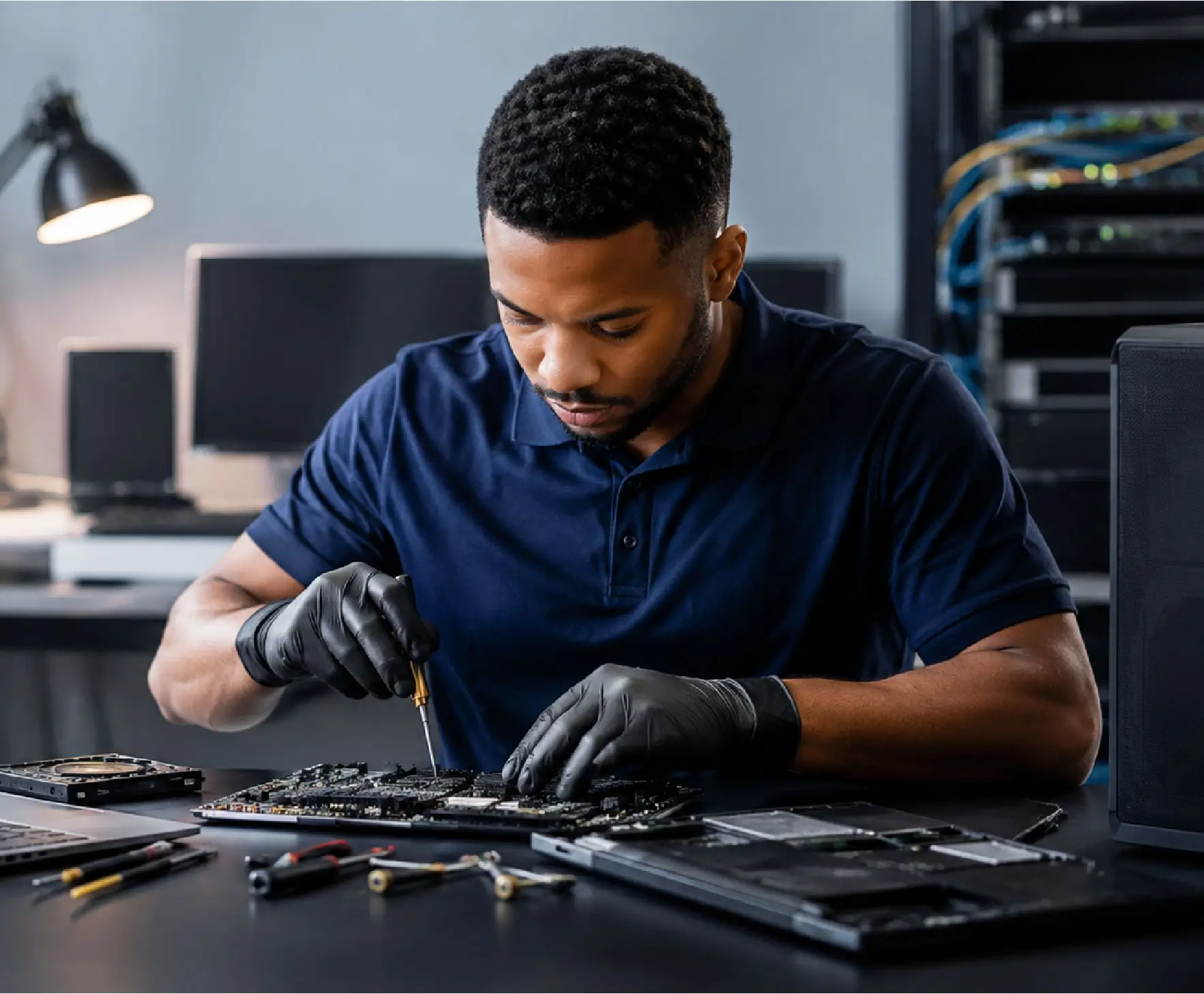 Technician repairing a laptop at Vuma Computers in Benoni